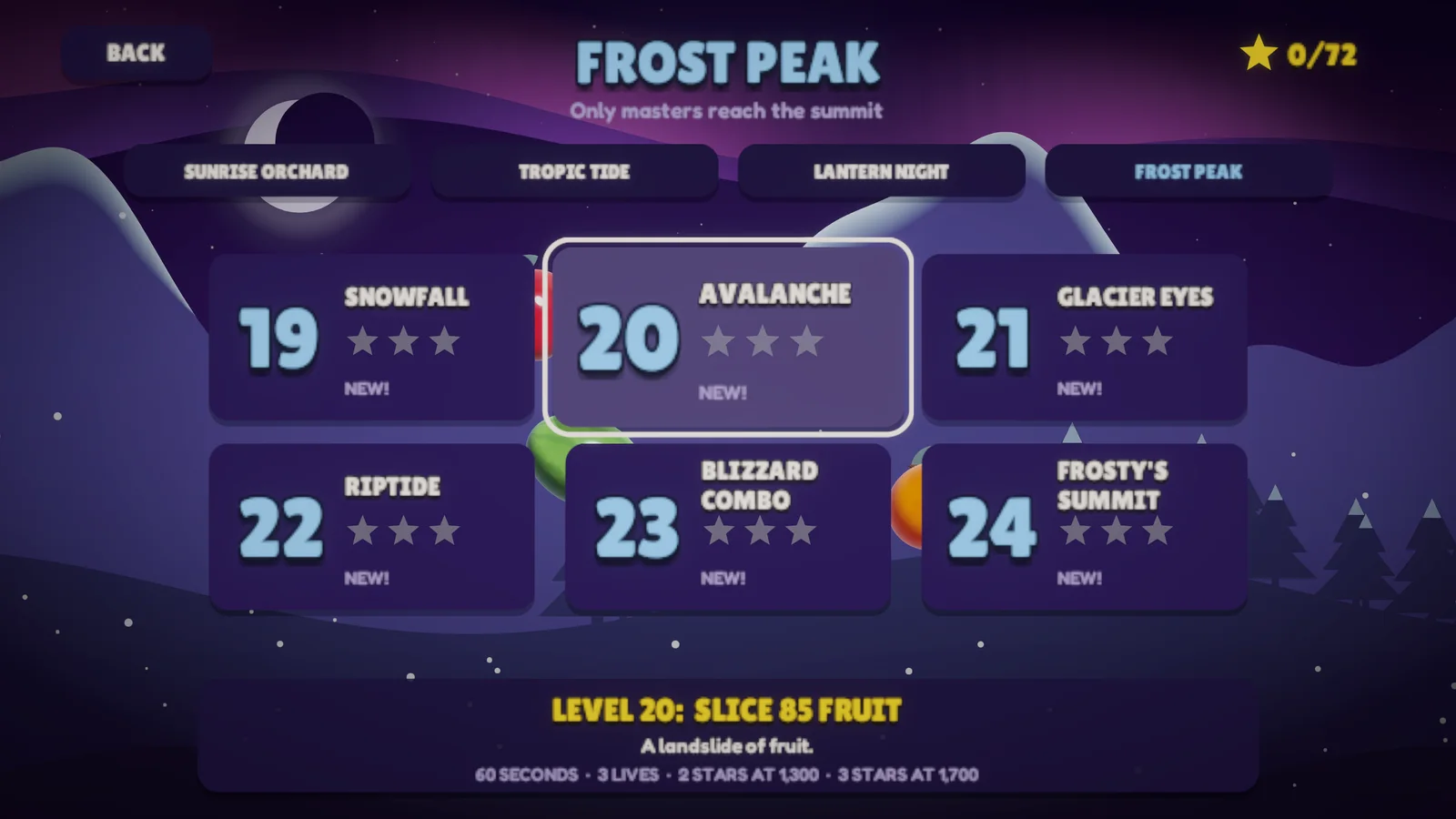 The Frost Peak level select screen